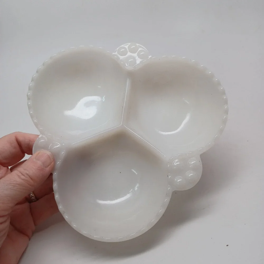 Vintage White Milk Glass Hobnail 3 Compartment Relish Dish Beaded Rim 7 inch